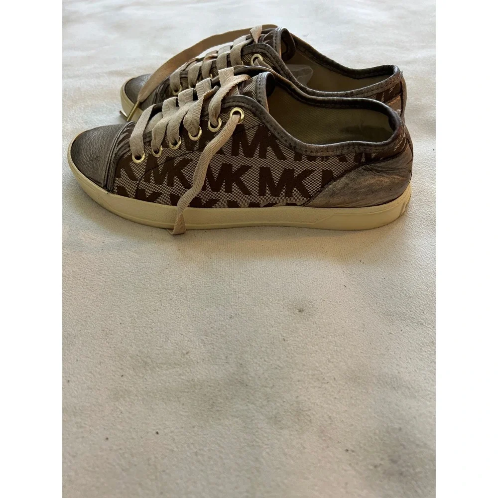 Michael Kors MK Logo Canvas Leather Trim Low Top Sneakers Women's Size 7M Bronze